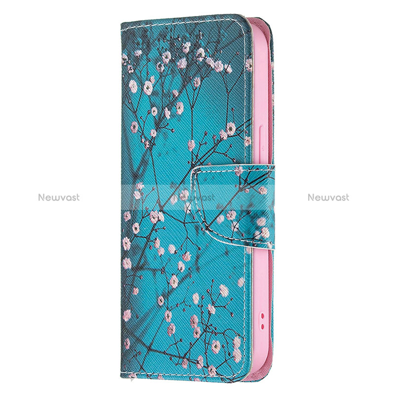 Leather Case Stands Flip Flowers Cover L02 Holder for Apple iPhone 14 Pro Max Cyan