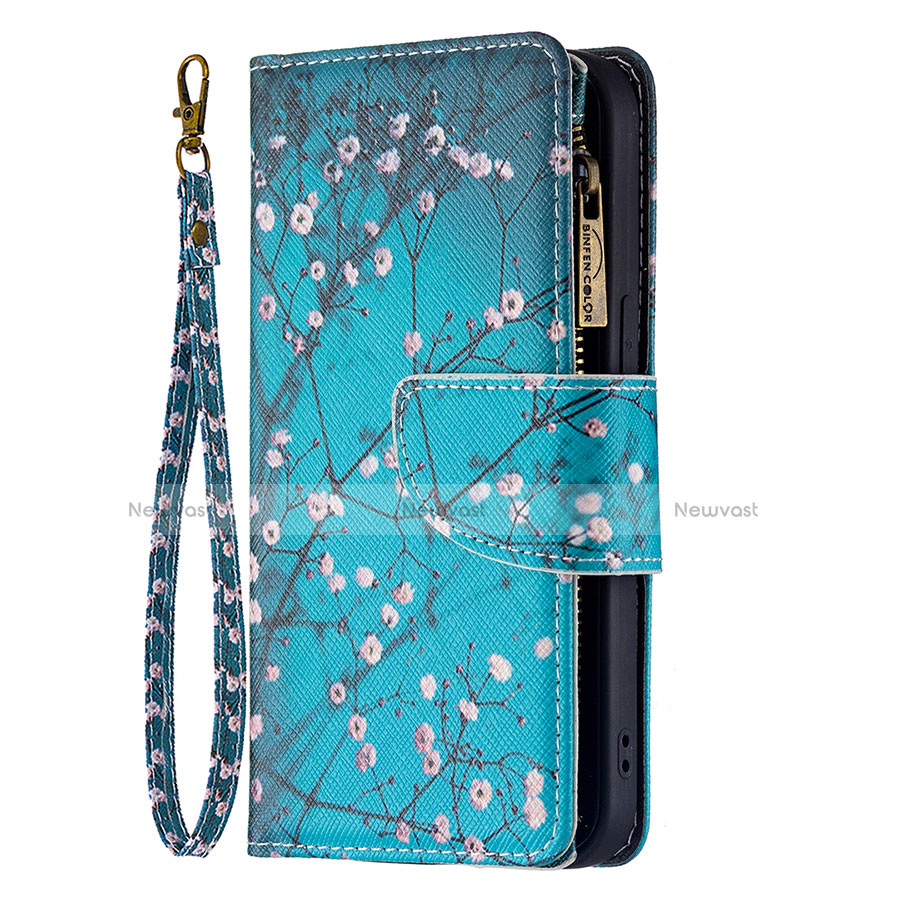 Leather Case Stands Flip Flowers Cover L03 Holder for Apple iPhone 13 Cyan