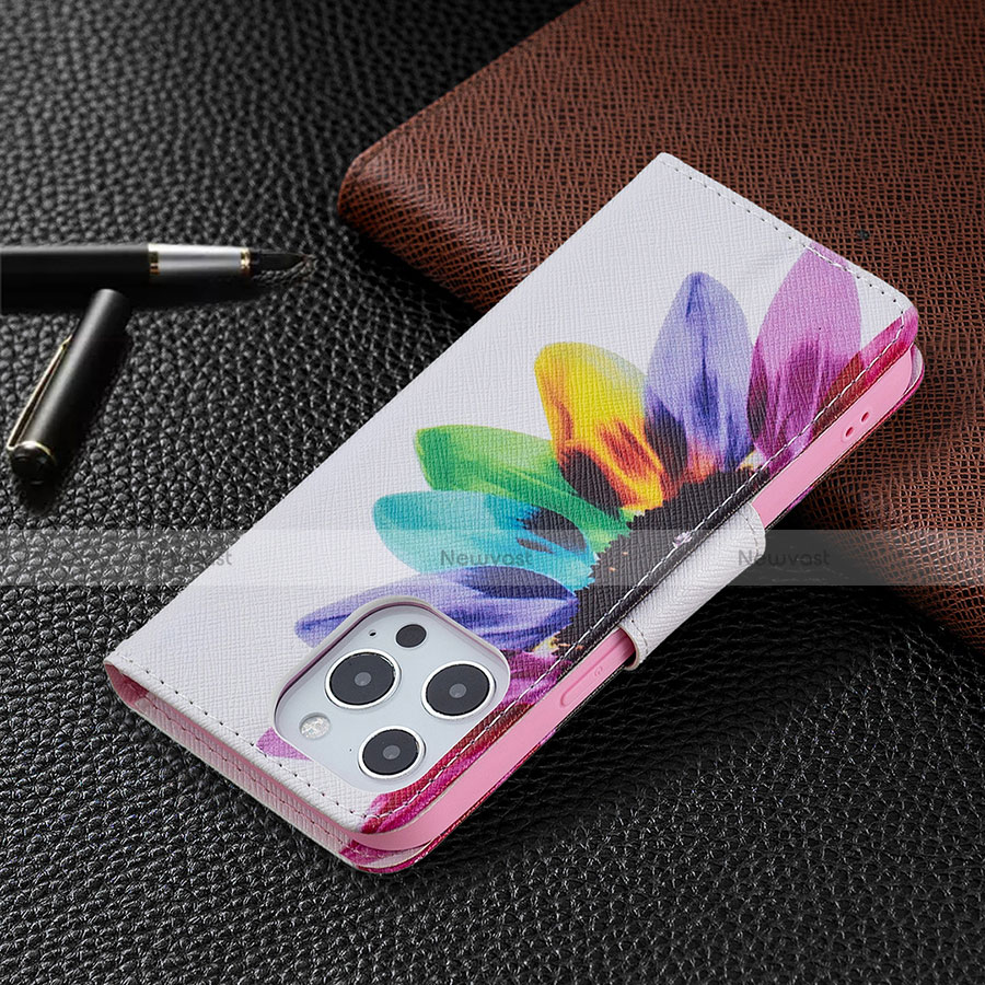 Leather Case Stands Flip Flowers Cover L03 Holder for Apple iPhone 13 Pro Pink