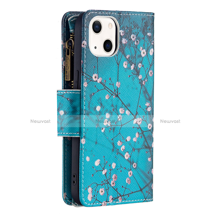 Leather Case Stands Flip Flowers Cover L03 Holder for Apple iPhone 14 Cyan