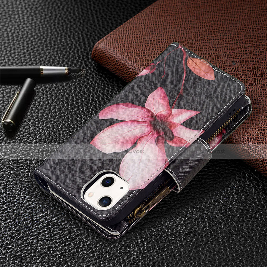 Leather Case Stands Flip Flowers Cover L03 Holder for Apple iPhone 14 Plus Brown