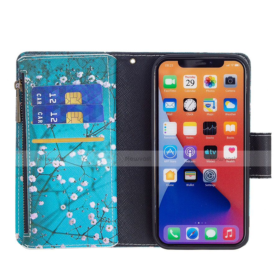 Leather Case Stands Flip Flowers Cover L03 Holder for Apple iPhone 14 Plus Cyan