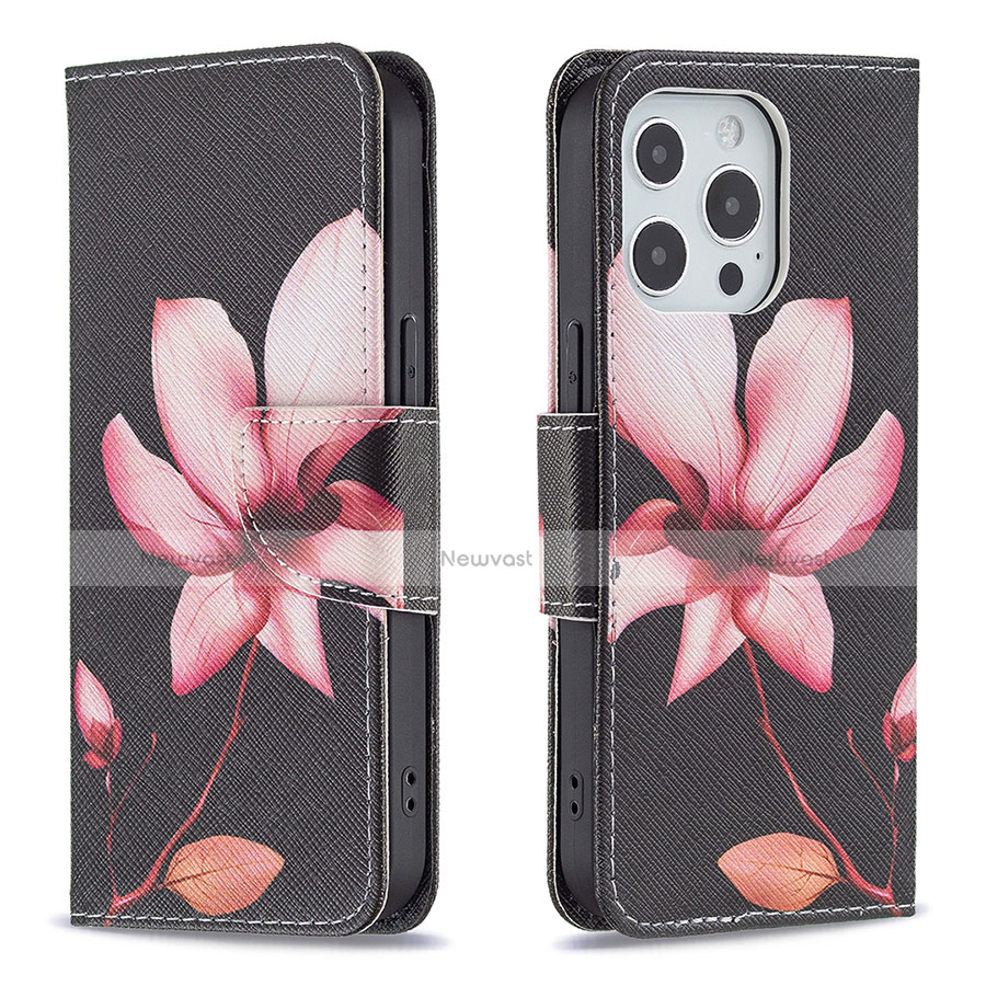 Leather Case Stands Flip Flowers Cover L07 Holder for Apple iPhone 13 Pro Brown