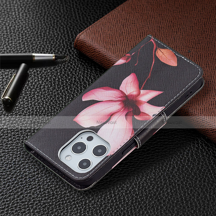 Leather Case Stands Flip Flowers Cover L07 Holder for Apple iPhone 13 Pro Brown