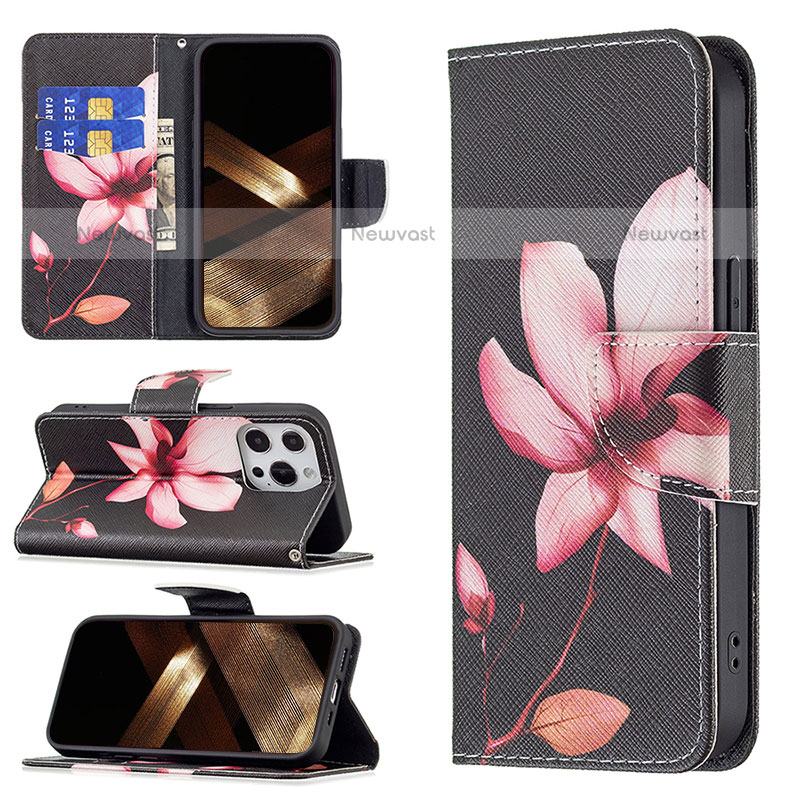 Leather Case Stands Flip Flowers Cover L07 Holder for Apple iPhone 14 Pro Brown
