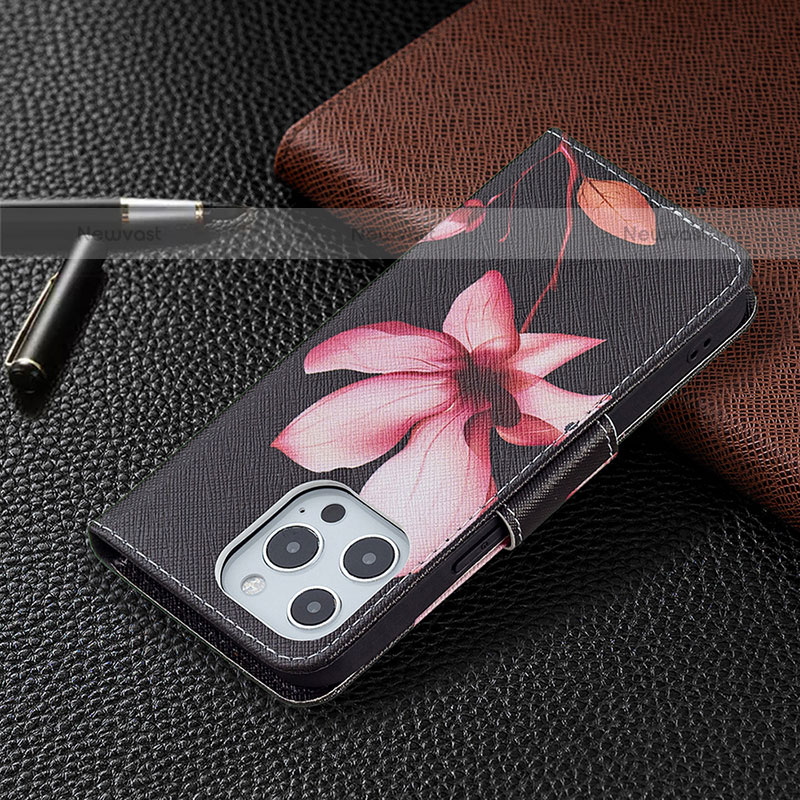 Leather Case Stands Flip Flowers Cover L07 Holder for Apple iPhone 14 Pro Brown