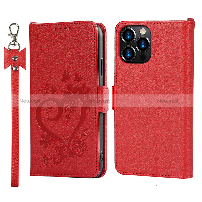Leather Case Stands Flip Flowers Cover L16 Holder for Apple iPhone 14 Pro Red