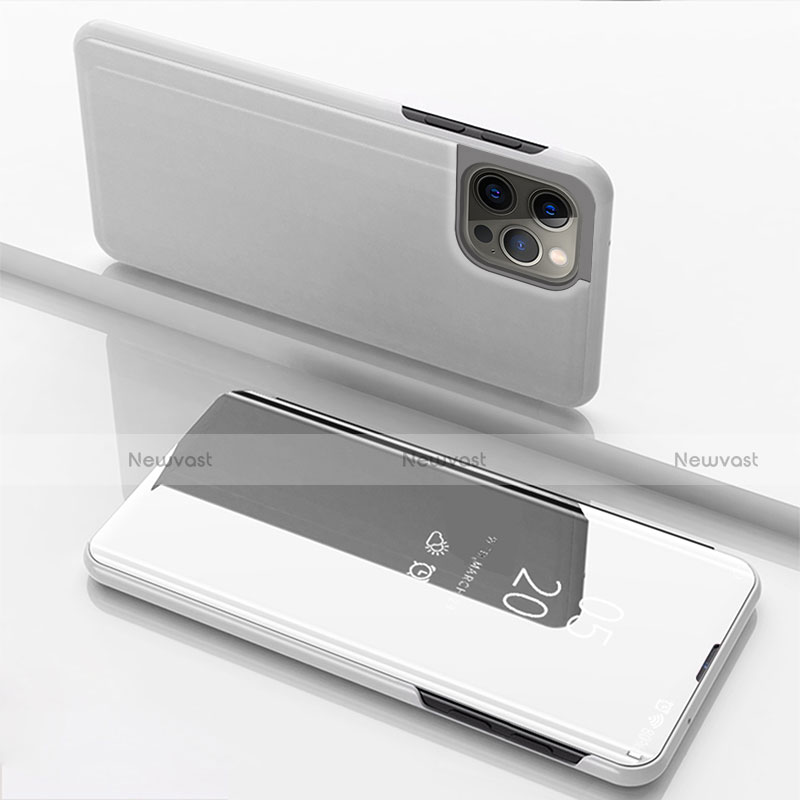 Leather Case Stands Flip Mirror Cover Holder for Apple iPhone 14 Pro Max Silver