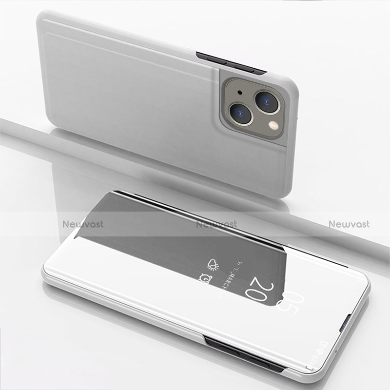 Leather Case Stands Flip Mirror Cover Holder for Apple iPhone 14 Silver