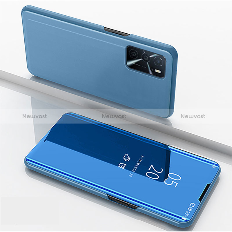 Leather Case Stands Flip Mirror Cover Holder for Oppo A16 Blue