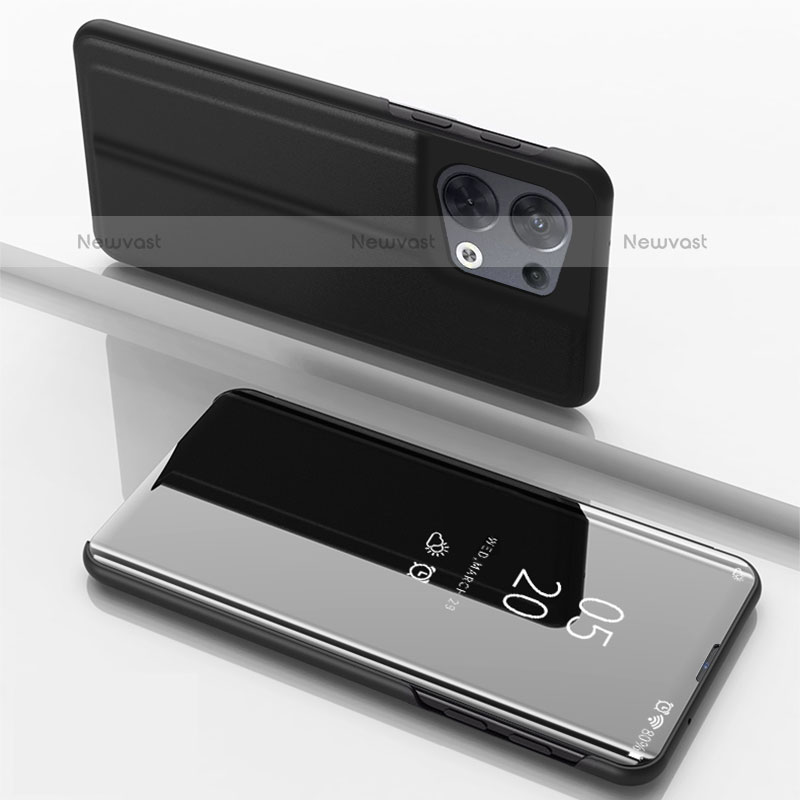 Leather Case Stands Flip Mirror Cover Holder for Oppo Reno9 Pro+ Plus 5G Black