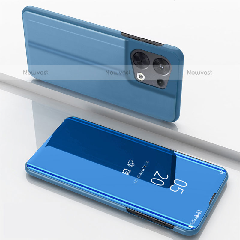 Leather Case Stands Flip Mirror Cover Holder for Oppo Reno9 Pro+ Plus 5G Blue