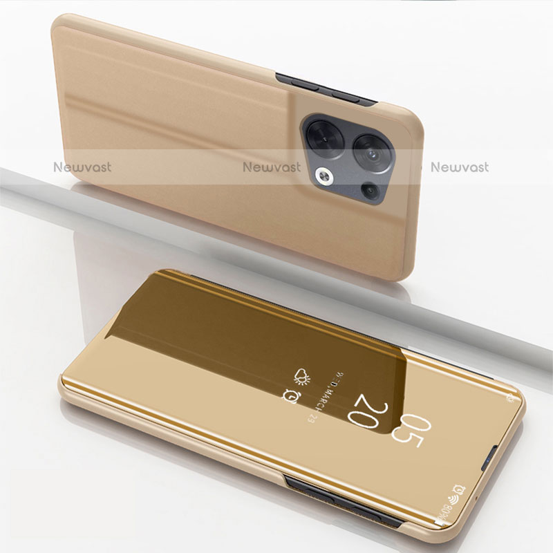 Leather Case Stands Flip Mirror Cover Holder for Oppo Reno9 Pro+ Plus 5G Gold