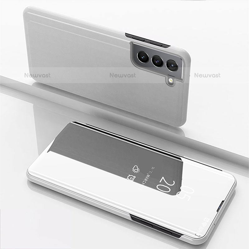 Leather Case Stands Flip Mirror Cover Holder for Samsung Galaxy S22 5G Silver