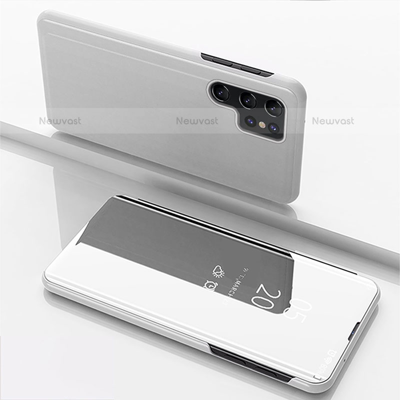 Leather Case Stands Flip Mirror Cover Holder for Samsung Galaxy S22 Ultra 5G Silver