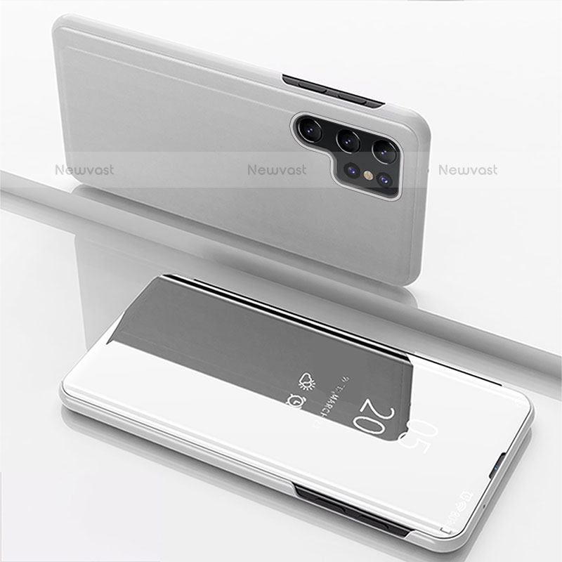 Leather Case Stands Flip Mirror Cover Holder for Samsung Galaxy S23 Ultra 5G Silver