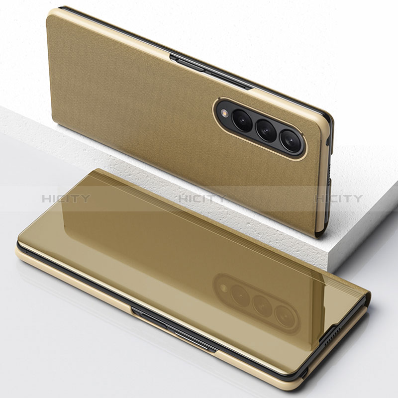 Leather Case Stands Flip Mirror Cover Holder for Samsung Galaxy Z Fold4 5G Gold