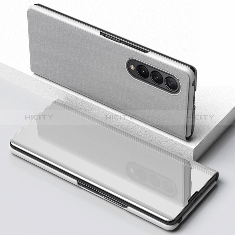 Leather Case Stands Flip Mirror Cover Holder for Samsung Galaxy Z Fold4 5G Silver
