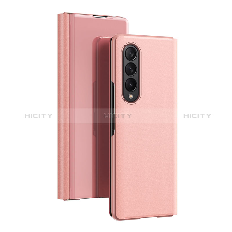 Leather Case Stands Flip Mirror Cover Holder L02 for Samsung Galaxy Z Fold4 5G Rose Gold