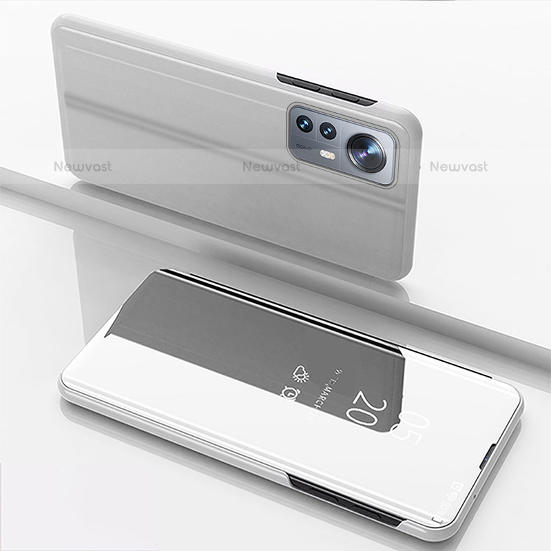 Leather Case Stands Flip Mirror Cover Holder L04 for Xiaomi Mi 12 Pro 5G Silver