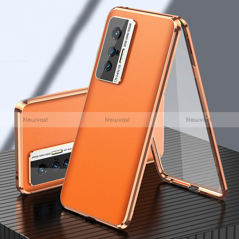 Luxury Aluminum Metal and Leather Cover Case 360 Degrees for Vivo X70 5G Orange