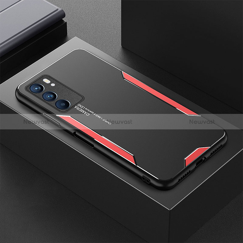 Luxury Aluminum Metal Back Cover and Silicone Frame Case for Oppo Reno6 5G Red