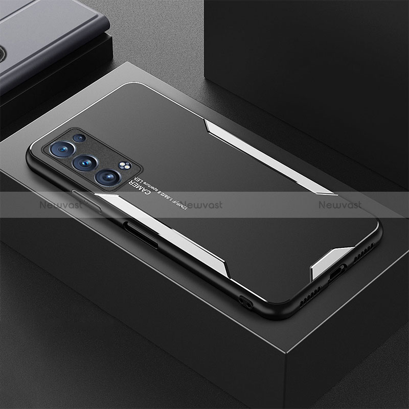 Luxury Aluminum Metal Back Cover and Silicone Frame Case for Oppo Reno6 Pro 5G Silver