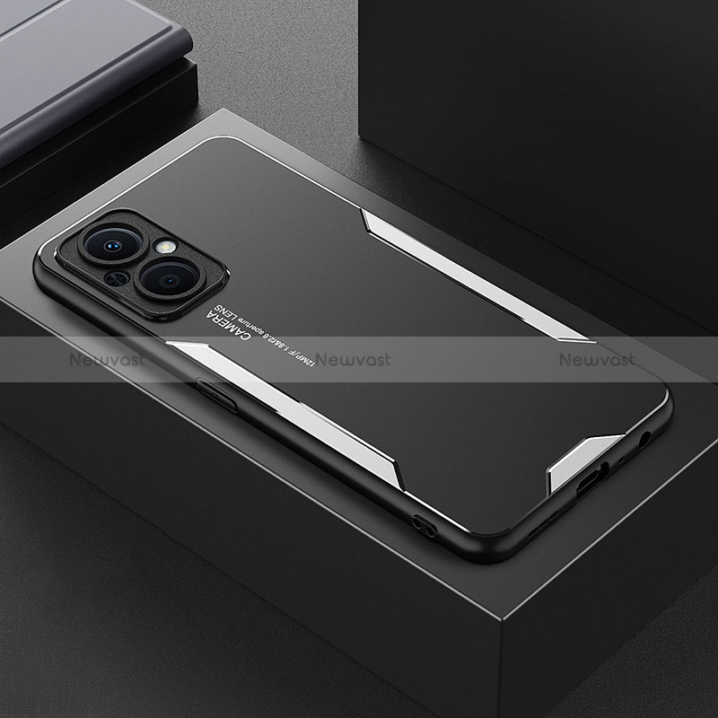 Luxury Aluminum Metal Back Cover and Silicone Frame Case for Oppo Reno7 Z 5G Silver