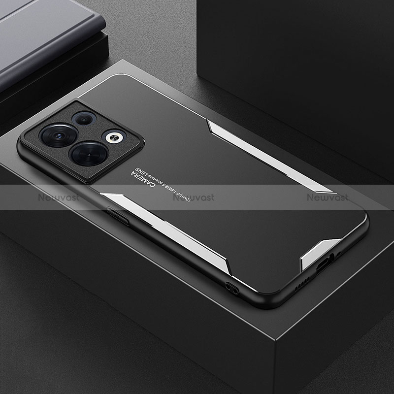 Luxury Aluminum Metal Back Cover and Silicone Frame Case for Oppo Reno8 5G Silver