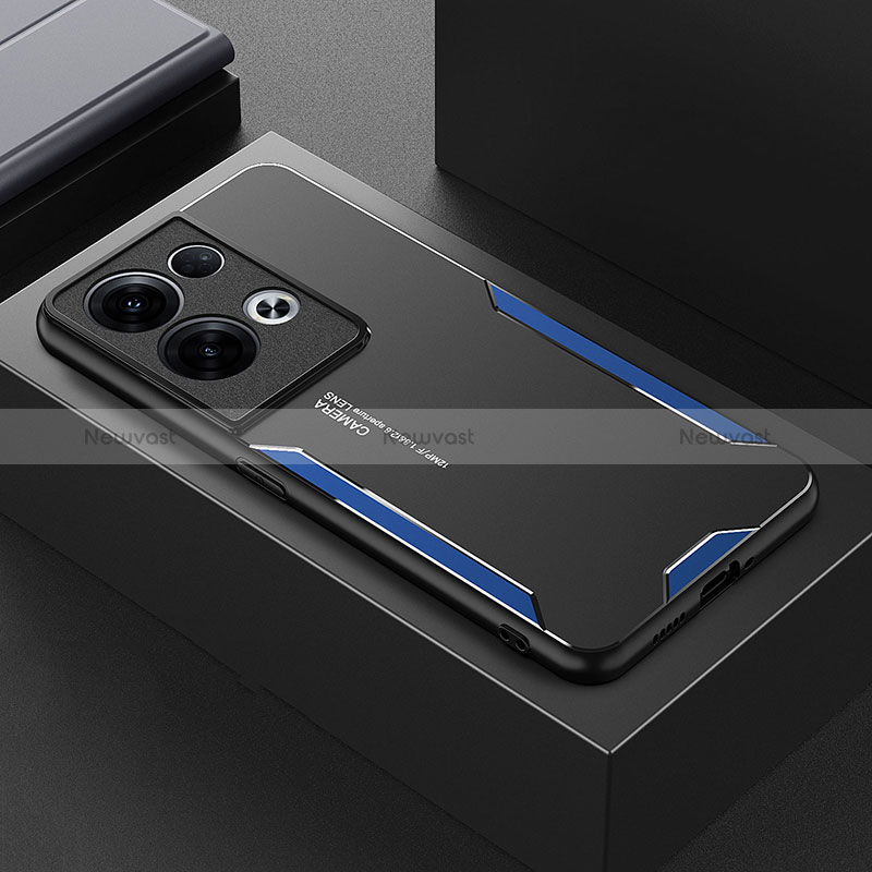 Luxury Aluminum Metal Back Cover and Silicone Frame Case for Oppo Reno8 Pro 5G Blue