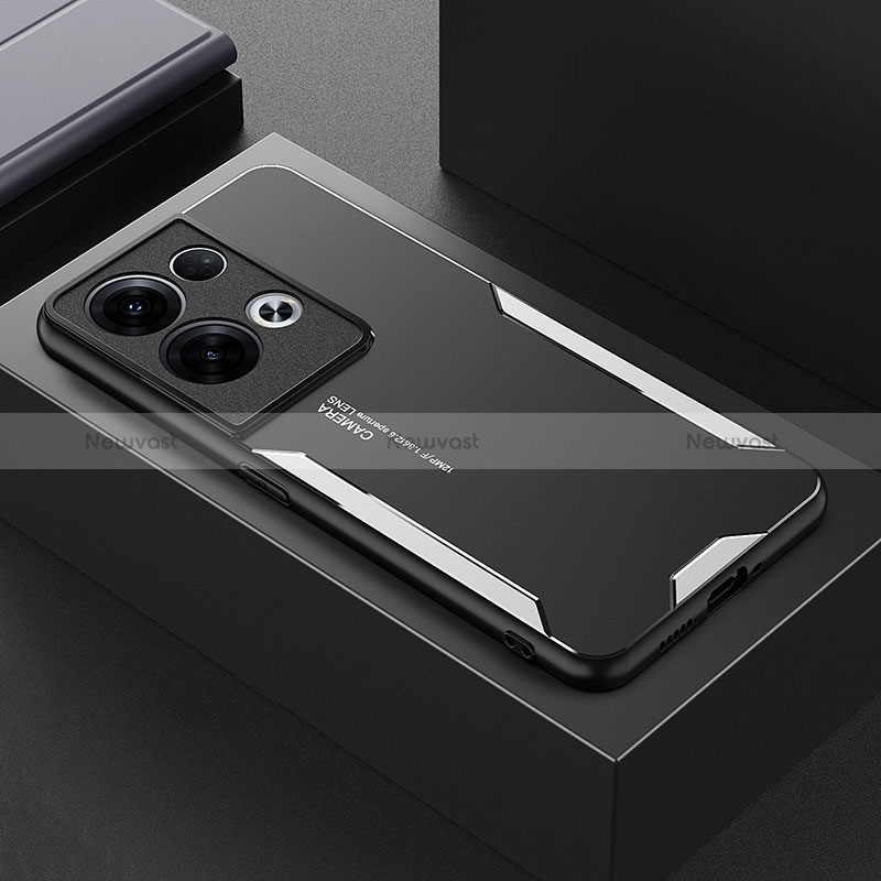 Luxury Aluminum Metal Back Cover and Silicone Frame Case for Oppo Reno8 Pro+ Plus 5G Silver