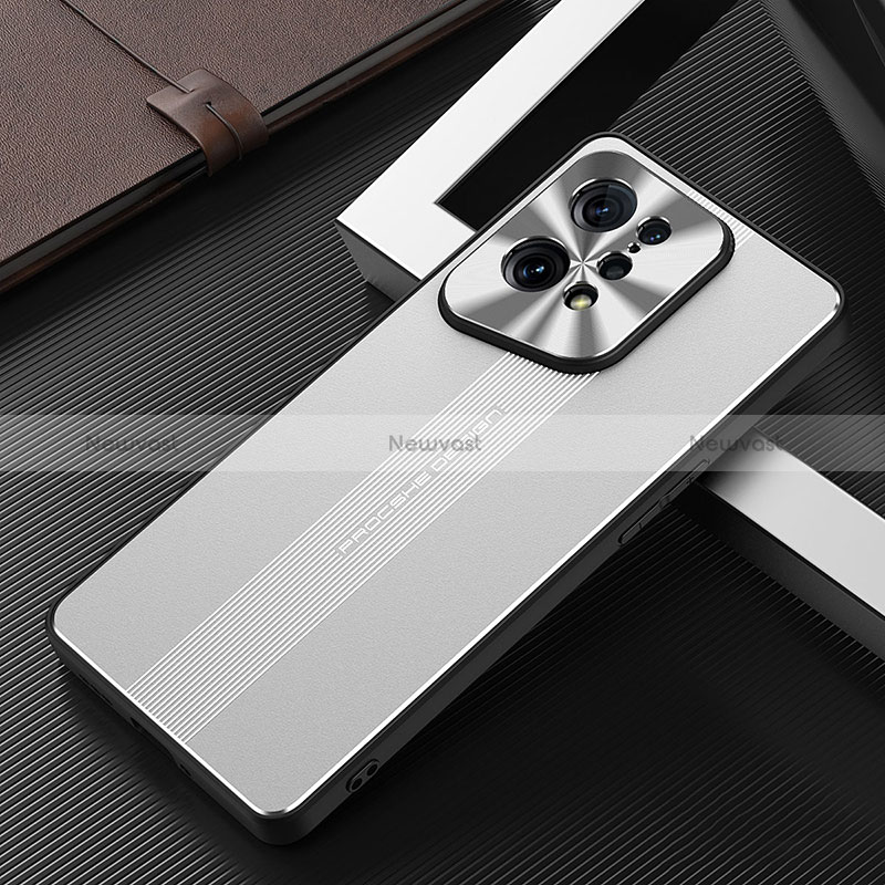 Luxury Aluminum Metal Back Cover and Silicone Frame Case J01 for Oppo Find X5 5G Silver