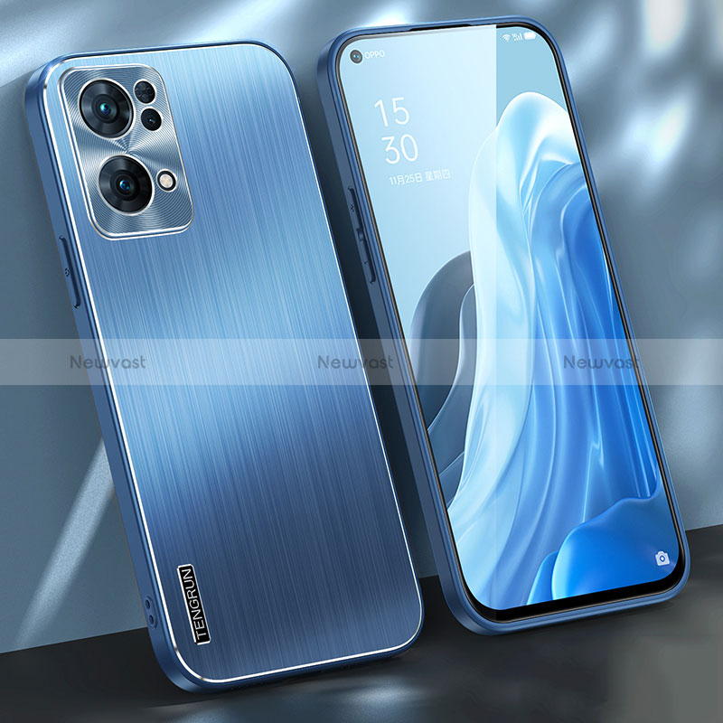 Luxury Aluminum Metal Back Cover and Silicone Frame Case J01 for Oppo Reno7 Pro 5G Blue