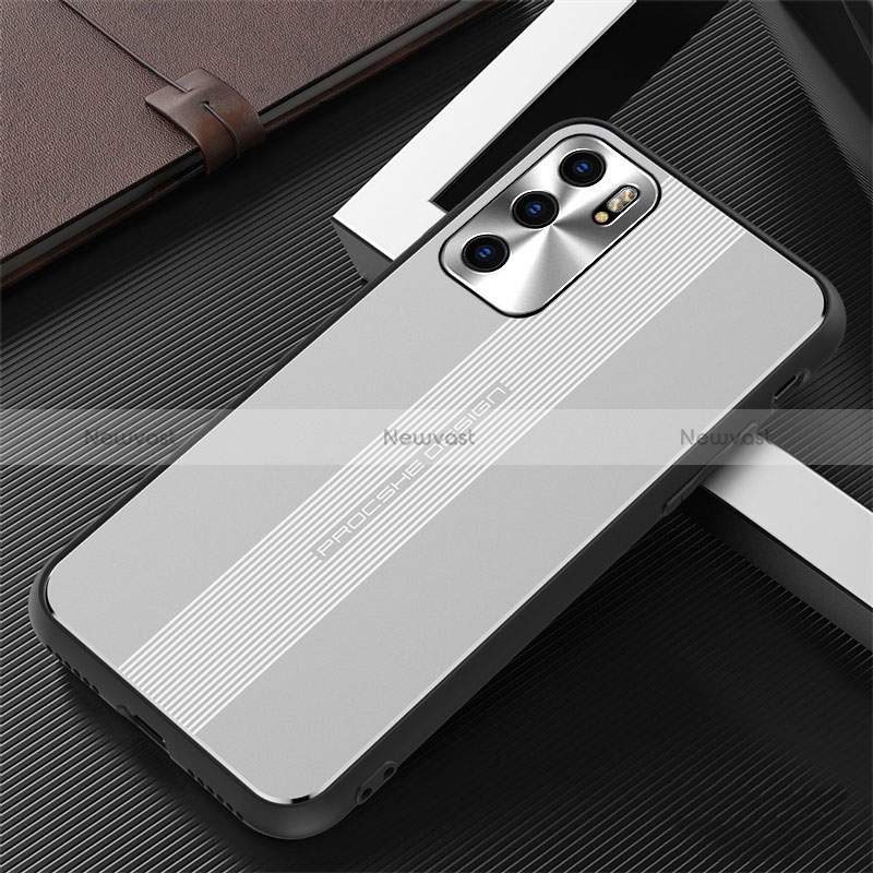 Luxury Aluminum Metal Back Cover and Silicone Frame Case J02 for Oppo Reno6 5G Silver