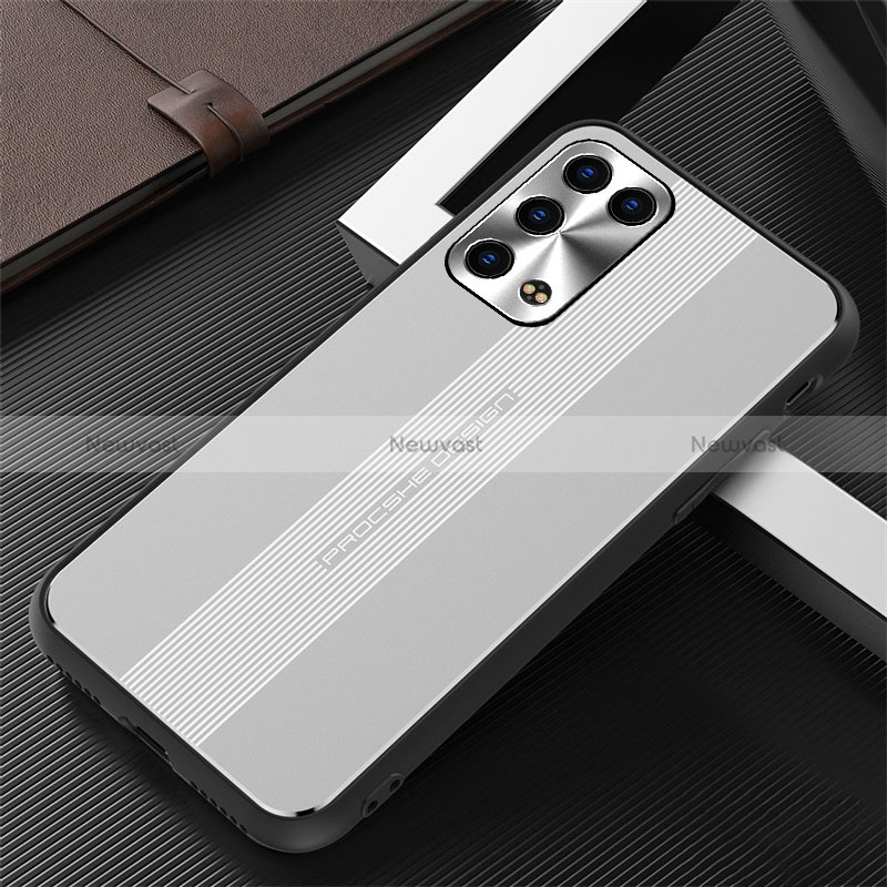 Luxury Aluminum Metal Back Cover and Silicone Frame Case J02 for Oppo Reno6 Pro 5G Silver
