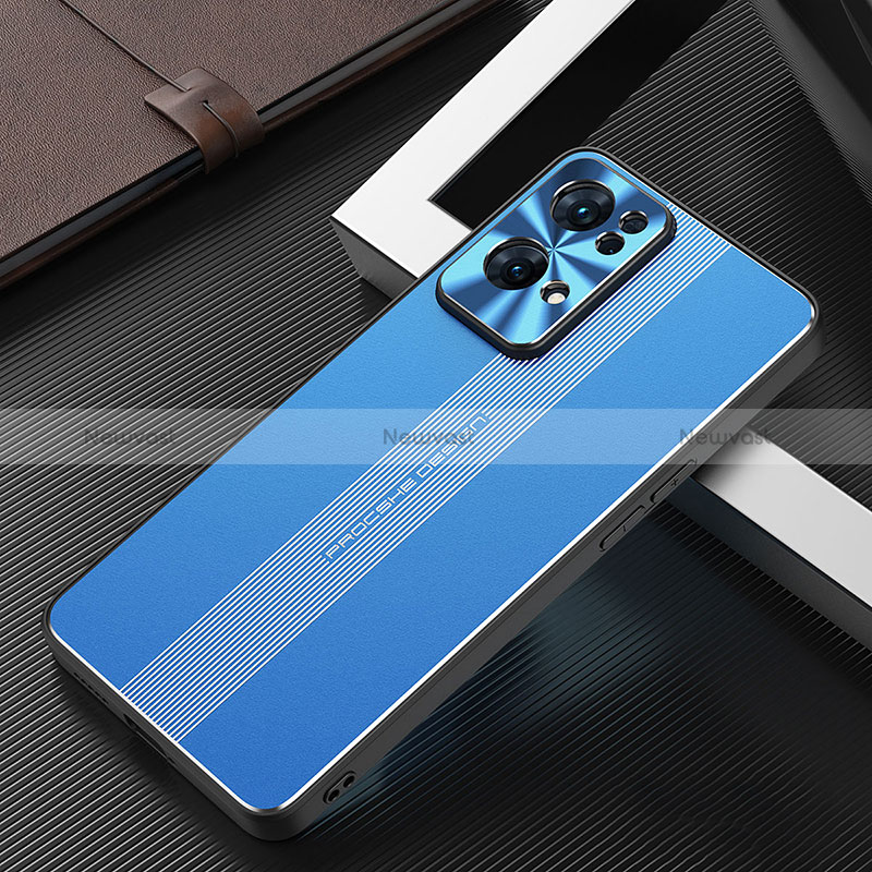 Luxury Aluminum Metal Back Cover and Silicone Frame Case J02 for Oppo Reno7 Pro 5G Blue