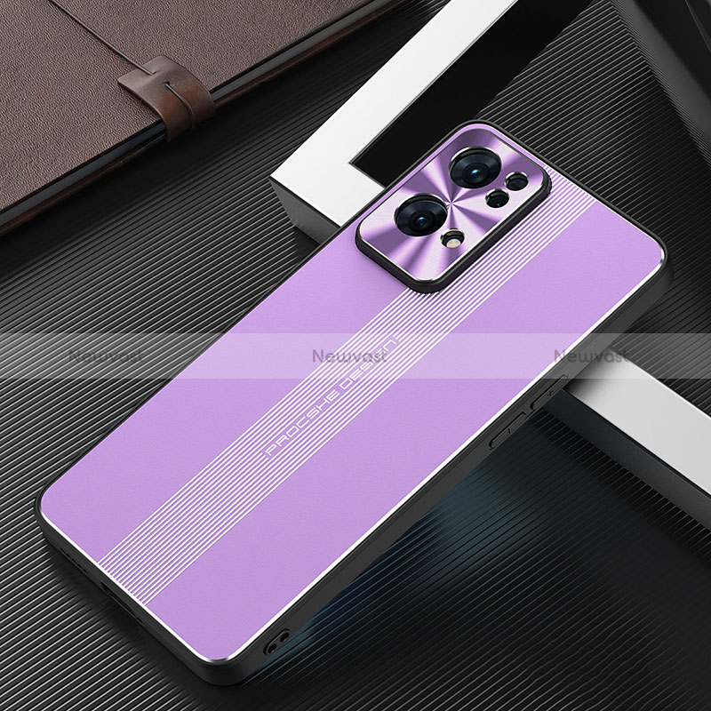 Luxury Aluminum Metal Back Cover and Silicone Frame Case J02 for Oppo Reno7 Pro 5G Purple