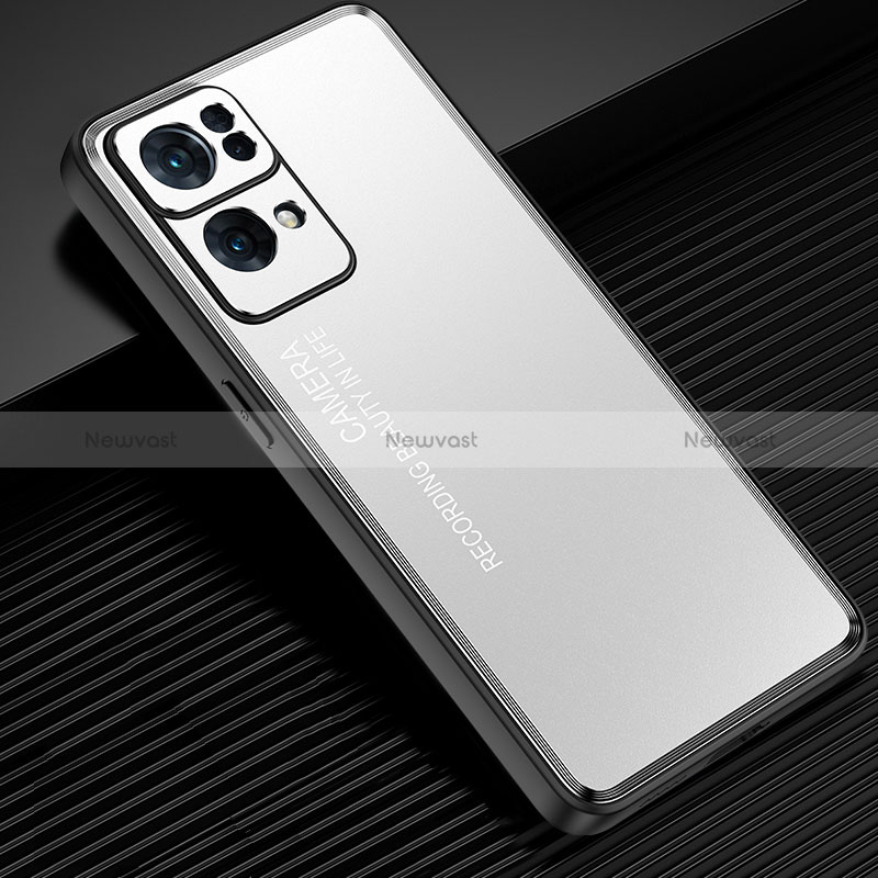 Luxury Aluminum Metal Back Cover and Silicone Frame Case J02 for Oppo Reno7 Pro 5G Silver