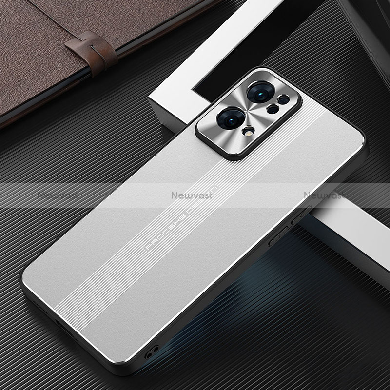 Luxury Aluminum Metal Back Cover and Silicone Frame Case J02 for Oppo Reno7 Pro 5G Silver