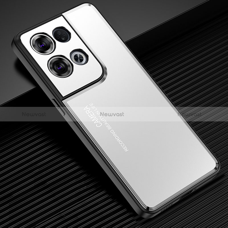 Luxury Aluminum Metal Back Cover and Silicone Frame Case J02 for Oppo Reno8 5G Silver