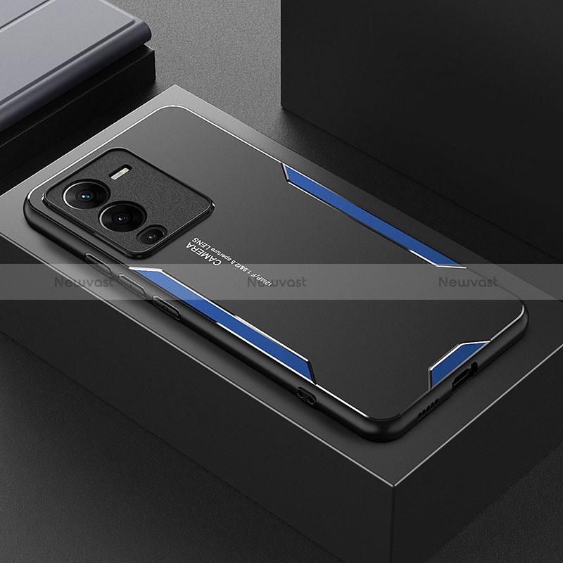 Luxury Aluminum Metal Back Cover and Silicone Frame Case PB1 for Vivo V25 Pro 5G Blue