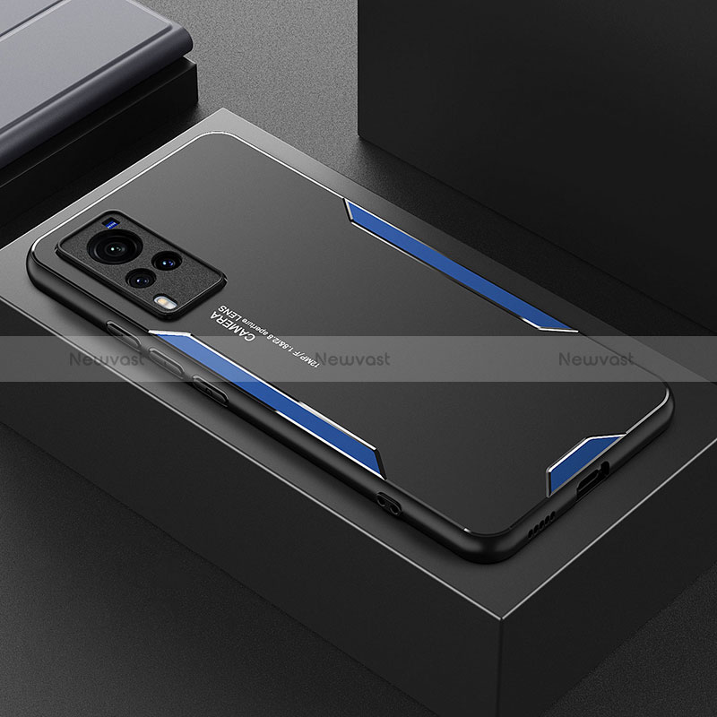 Luxury Aluminum Metal Back Cover and Silicone Frame Case PB1 for Vivo X60 Pro 5G Blue
