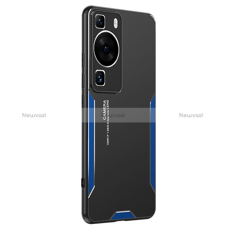 Luxury Aluminum Metal Back Cover and Silicone Frame Case PB2 for Huawei P60 Pro Blue