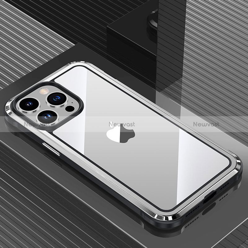 Luxury Aluminum Metal Back Cover and Silicone Frame Case QC1 for Apple iPhone 13 Pro Max Silver