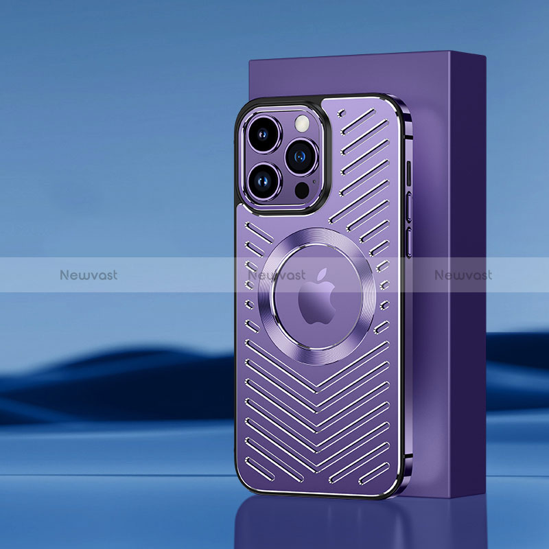 Luxury Aluminum Metal Back Cover and Silicone Frame Case with Mag-Safe Magnetic AC1 for Apple iPhone 14 Pro Purple