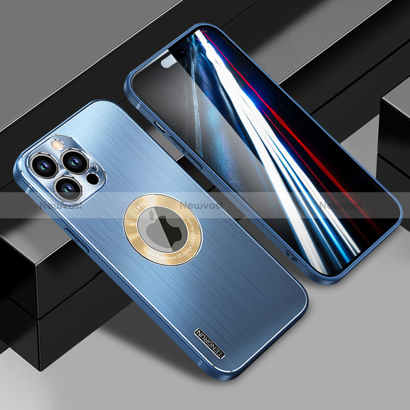 Luxury Aluminum Metal Back Cover and Silicone Frame Case with Mag-Safe Magnetic JL1 for Apple iPhone 14 Pro Max Blue