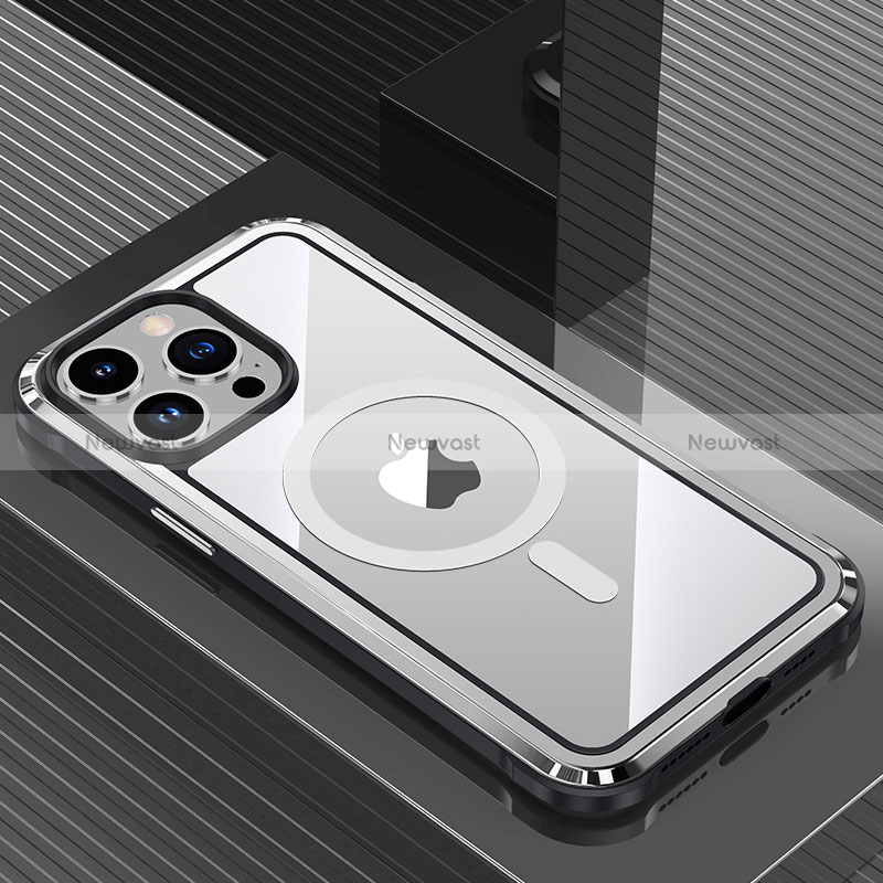 Luxury Aluminum Metal Back Cover and Silicone Frame Case with Mag-Safe Magnetic QC1 for Apple iPhone 13 Pro Max Silver