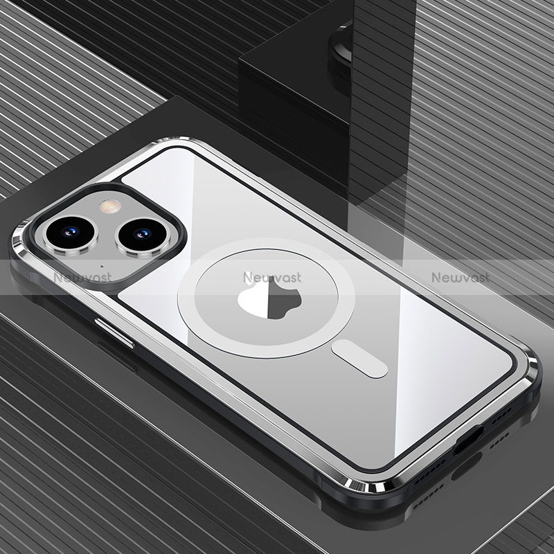 Luxury Aluminum Metal Back Cover and Silicone Frame Case with Mag-Safe Magnetic QC1 for Apple iPhone 14 Silver