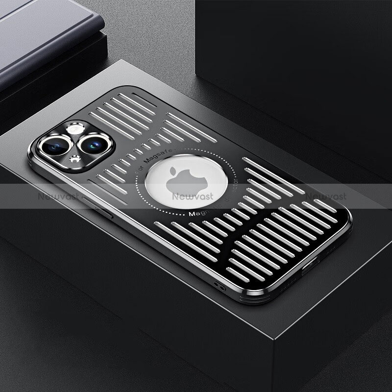 Luxury Aluminum Metal Back Cover and Silicone Frame Case with Mag-Safe Magnetic TX1 for Apple iPhone 14 Black