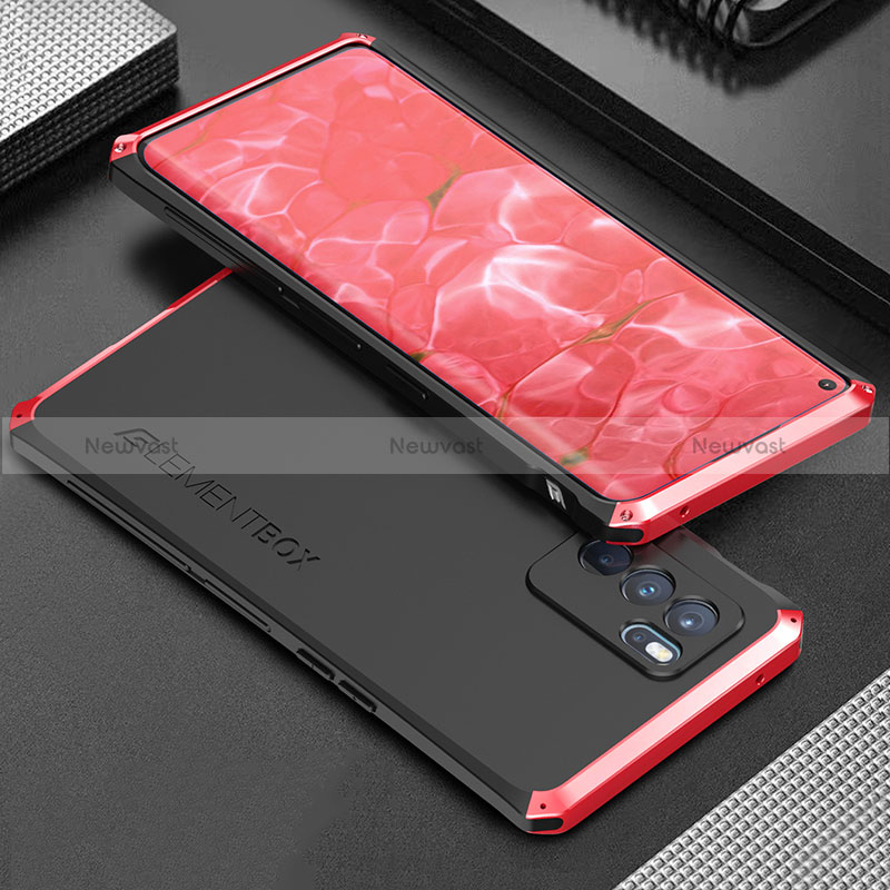 Luxury Aluminum Metal Cover Case 360 Degrees for Oppo Reno6 Pro 5G India Red and Black